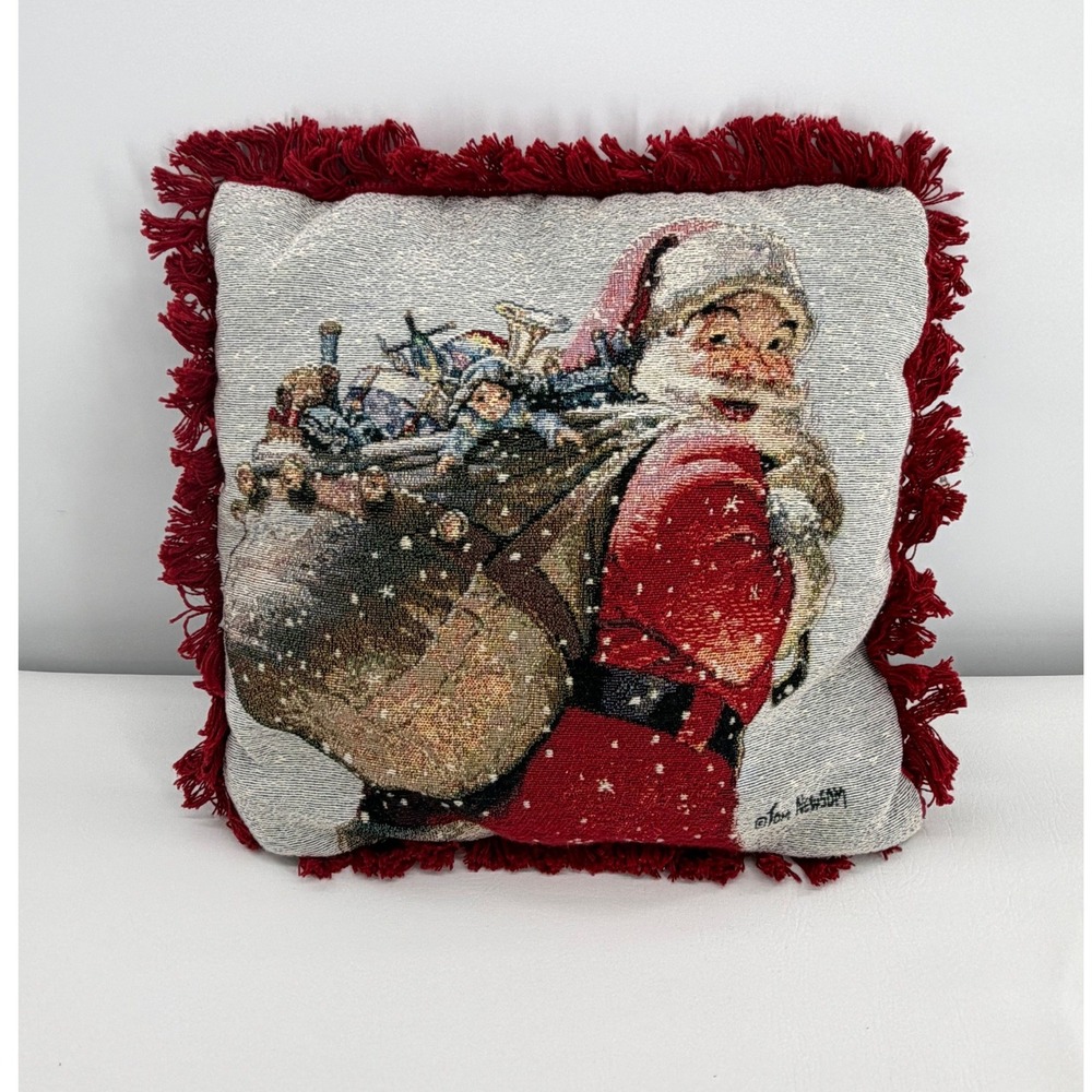 Tom Newsom Tapestry Throw Pillow 16in Red Santa Claus Woven Fringe Holiday Decor